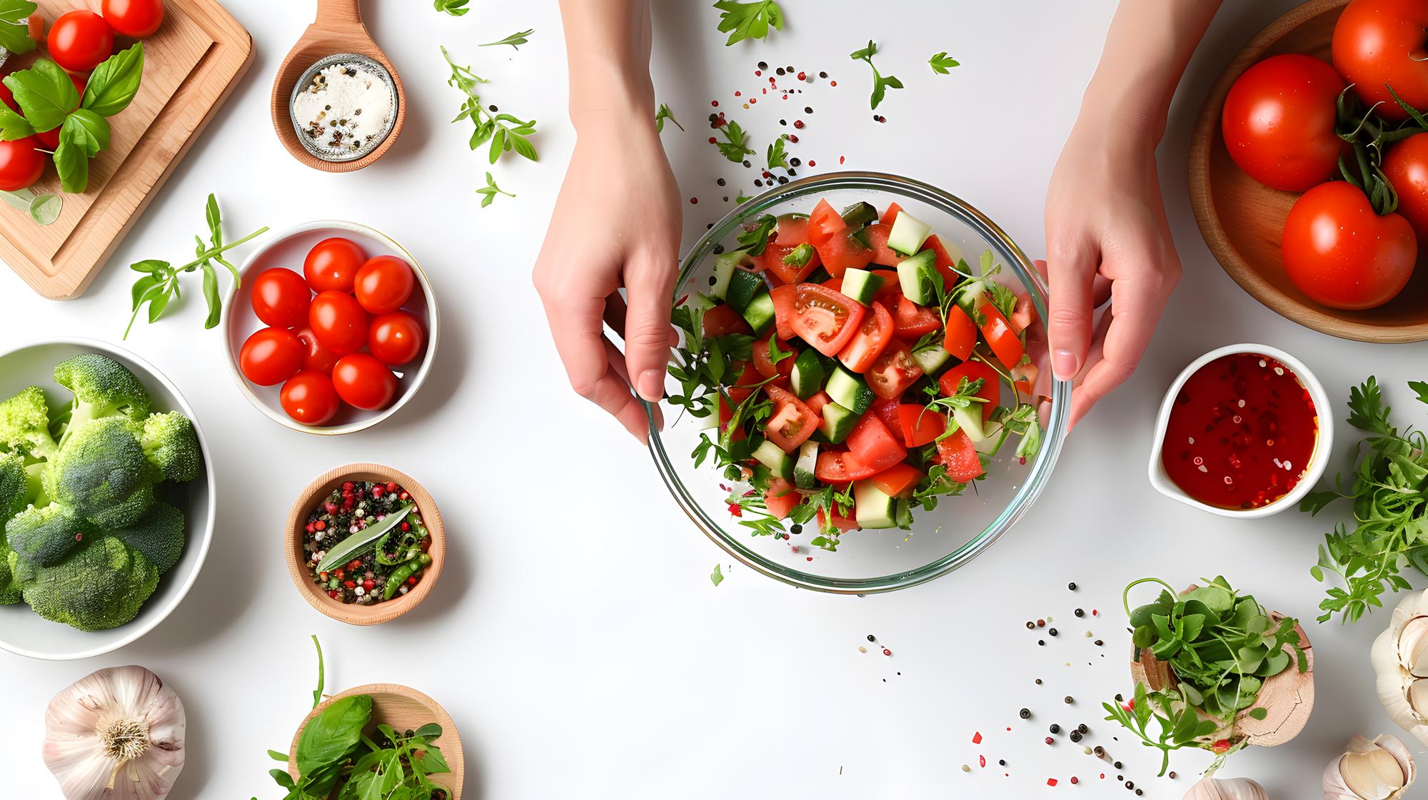 hands preparing salad bowl with fresh vegetables
